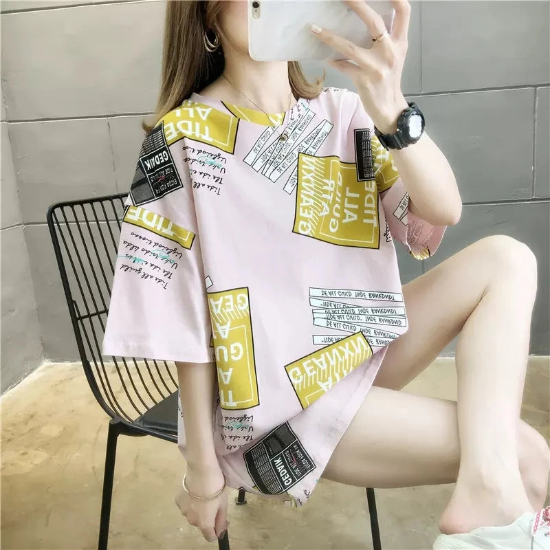 Harajuku T Shirt Women Letter Print Cotton Fashion Summer Loose Tees Korean Streetwear T-Shirt NS4768