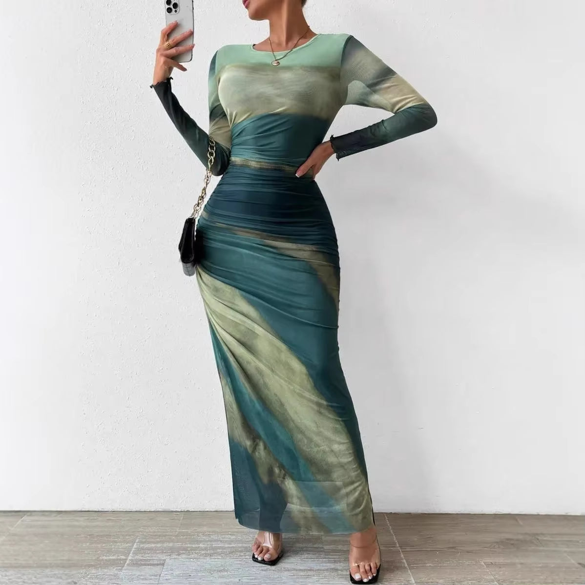Fashionable round Neck Printed Mesh Gown Sexy Tight Fit Ankle Length Empire Waist Skirt Full Sleeve Polyester Fiber Dress