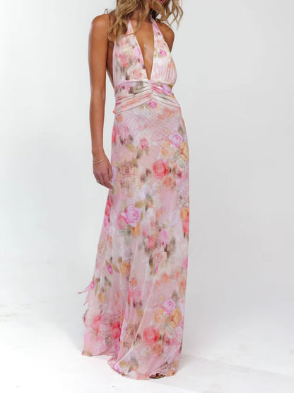 Women Long Dress, Sleeveless Halter Dress Backless Flower/Dots Print Summer Cocktail Dress