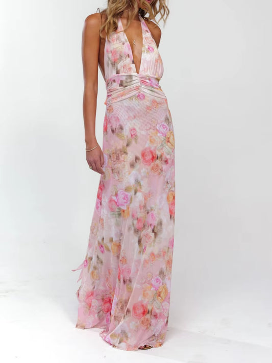 Women Long Dress, Sleeveless Halter Dress Backless Flower/Dots Print Summer Cocktail Dress
